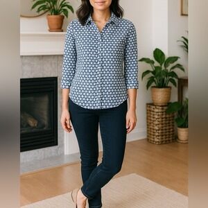 212 Collection Blue/White Button-Down Long Sleeve Blouse Shirt Top